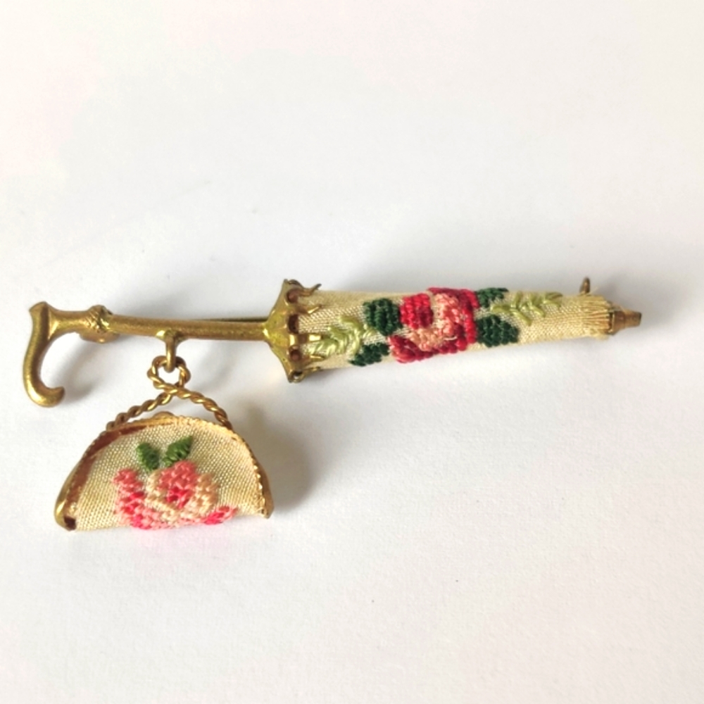 Vintage Parasol & Lady's Purse Brooch w/ Petit Point Embroidery - Picture 4 of 13